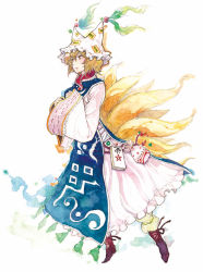 Rule 34 | 1girl, animal hat, bag, blonde hair, boots, chihiro (kemonomichi), cross-laced footwear, female focus, fox tail, full body, hat, lace-up boots, long sleeves, mob cap, multiple tails, painting (medium), mob cap, short hair, solo, tabard, tail, tassel, touhou, traditional media, watercolor (medium), white background, wide sleeves, yakumo ran, yellow eyes