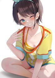 Rule 34 | 1girl, absurdres, arm support, bikini, breasts, buket pudding i, downblouse, grin, hairband, head tilt, highres, hololive, looking at viewer, one eye closed, oozora subaru, orange nails, parted lips, shadow, simple background, sitting, small breasts, smile, solo, sweat, swimsuit, teeth, thighs, virtual youtuber, white background, wink