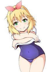 Rule 34 | 1girl, absurdres, blonde hair, blue one-piece swimsuit, blush, closed mouth, clothes lift, commentary request, covered navel, green eyes, hair between eyes, hair ribbon, hairband, highres, idolmaster, idolmaster cinderella girls, lifting own clothes, long hair, mitchi, old school swimsuit, one-piece swimsuit, pink ribbon, ribbon, sakurai momoka, school swimsuit, shirt, shirt lift, simple background, smile, solo, swimsuit, swimsuit under clothes, thigh gap, undressing, white background, white hairband, white shirt