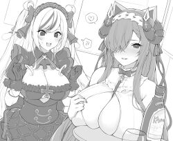Rule 34 | 2girls, ?, alcohol, august von parseval (azur lane), august von parseval (the conquered unhulde) (azur lane), azur lane, black dress, breasts, cleavage, cross, dress, elbe (azur lane), elbe (time to show off?) (azur lane), frilled dress, frills, gloves, greyscale, hair over one eye, heart, horns, iron cross, large breasts, long hair, looking at viewer, maid headdress, mechanical horns, monochrome, multiple girls, official alternate costume, piwka, ribbon, sleeveless, tray, very long hair, white dress