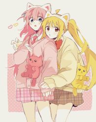Rule 34 | 2girls, ahoge, animal ear hairband, animal ears, blonde hair, blue eyes, bocchi the rock!, bow, bowtie, brown skirt, cardigan, cat ear hairband, cat ears, checkered clothes, checkered skirt, commentary request, cube hair ornament, fake animal ears, fuji 1221, gotoh hitori, hair ornament, hairband, head on another&#039;s shoulder, heart, highres, holding another&#039;s arm, ijichi nijika, light blush, long hair, looking at viewer, multiple girls, necktie, patterned background, pink cardigan, pink hair, pink skirt, ponytail, puckered lips, red bow, red bowtie, red eyes, red necktie, shirt, side ponytail, sidelocks, skirt, stuffed animal, stuffed cat, stuffed toy, v, white background, white cardigan, white shirt
