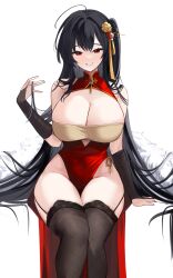 Rule 34 | 1girl, absurdres, ahoge, azur lane, bare shoulders, black hair, black thighhighs, breasts, cleavage, clothing cutout, covered navel, dress, flower, garter straps, gold trim, grin, hair flower, hair ornament, hand up, highres, huge breasts, long hair, looking at viewer, mindoll, no panties, official alternate costume, one side up, pelvic curtain, red dress, red eyes, simple background, sitting, skindentation, sleeveless, sleeveless dress, smile, solo, taihou (azur lane), taihou (phoenix&#039;s spring song) (azur lane), thighhighs, thighs, underboob cutout, very long hair, white background