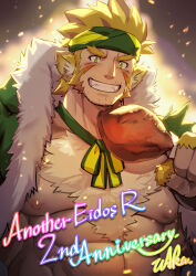 Rule 34 | 1boy, another eidos-r, artist name, bara, bare pectorals, blonde hair, copyright name, english text, food, green headband, headband, highres, holding, holding food, large pectorals, looking at viewer, male focus, muscular, muscular male, nipples, open clothes, pectorals, pugi (another eidos), short hair, smile, solo, teeth, thick eyebrows, upper body, waku (ayamix)