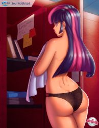 Rule 34 | 1girl, ass, back, black panties, butt crack, from behind, highres, hime cut, locker, long hair, looking at viewer, looking back, multicolored hair, my little pony, my little pony: friendship is magic, panties, personification, pink hair, purple eyes, purple hair, shiny skin, solo, soul addicted, topless, towel, twilight sparkle, underwear, very long hair