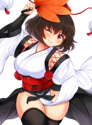 Rule 34 | 1girl, ;), alternate costume, arm up, bare shoulders, black hair, breasts, commentary request, cowboy shot, daichi (tokoya), groin, hair between eyes, hand fan, hat, highres, holding, holding fan, japanese clothes, kimono, kourindou tengu costume, large breasts, leaf fan, long sleeves, looking at viewer, obi, one eye closed, pelvic curtain, pom pom (clothes), red eyes, red sash, sash, shameimaru aya, short hair, simple background, smile, solo, tassel, thighhighs, thighs, tokin hat, touhou, v-shaped eyebrows, white background, white kimono, wide sleeves