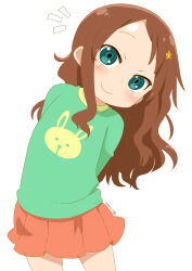 Rule 34 | 1girl, animal print, arms behind back, blush, brown hair, child, closed mouth, commentary request, cowboy shot, dated, flower, green eyes, green shirt, hair flower, hair ornament, highres, kobayashi-san chi no maidragon, leaning to the side, long hair, long sleeves, looking at viewer, notice lines, orange flower, pleated skirt, rabbit print, red skirt, saikawa riko, samansa ex, shirt, skirt, smile, solo, standing, white background