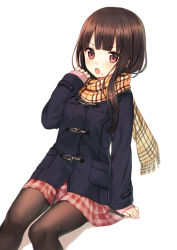 Rule 34 | &gt;:o, 1girl, :o, black pantyhose, blush, brown hair, coat, enpera, long hair, long sleeves, looking at viewer, midorikawa you, mole, mole under mouth, open mouth, original, pantyhose, plaid, plaid scarf, plaid skirt, red eyes, revision, scarf, school uniform, simple background, sitting, skirt, solo, uniform, v-shaped eyebrows, white background