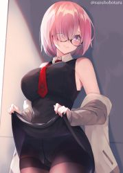 Rule 34 | 1girl, bare shoulders, black dress, black pantyhose, blush, breasts, clothes lift, crotch seam, dress, dress lift, fate/grand order, fate (series), glasses, hair over one eye, jacket, large breasts, light purple hair, long sleeves, looking at viewer, mash kyrielight, necktie, off shoulder, open clothes, open jacket, panties, panties under pantyhose, pantyhose, purple eyes, short dress, short hair, smile, solo, suzuho hotaru, thighband pantyhose, thighs, underwear