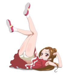 Rule 34 | 1girl, arm up, ass, blush, brown hair, commentary request, dokidoki! precure, dress, full body, legs up, long hair, looking at viewer, lying, madoka aguri, on back, one side up, panties, parted lips, pleated dress, precure, red dress, red eyes, red footwear, shadow, shiny skin, shoes, sincos, socks, solo, thighs, underwear, very long hair, white background, white panties, white socks