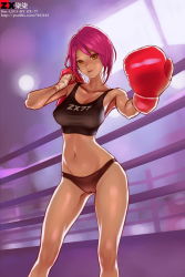 Rule 34 | 1girl, armpits, bikini, bikini bottom only, black bikini, boxing gloves, boxing ring, breasts, cleavage, collarbone, contrapposto, covered erect nipples, highres, indoors, large breasts, looking at viewer, navel, pink hair, shirt, solo, standing, stomach, swimsuit, tank top, taut clothes, taut shirt, window, yellow eyes, zx-77