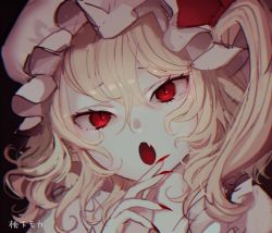 Rule 34 | 1girl, bad id, bad twitter id, blurry, depth of field, fang, flandre scarlet, hair between eyes, hat, highres, looking at viewer, mob cap, mochacot, nail polish, portrait, red eyes, red nails, skin fang, slit pupils, solo, touhou, white hat