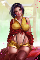 Rule 34 | 1girl, black thighhighs, breasts, cigarette, cowboy bebop, crop top, crossed legs, eyebrows, eyelashes, faye valentine, forehead, front-tie top, green eyes, hairband, head tilt, highres, large breasts, lips, looking at viewer, narrow waist, navel, nose, off shoulder, on vehicle, open fly, patreon username, petals, popped collar, prywinko, purple hair, short hair, short shorts, shorts, smoking, solo, standing, suspender shorts, suspenders, thighhighs, watermark, yellow shorts, zipper