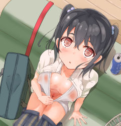 Rule 34 | 1girl, :o, arykei, bag, black hair, blush, bow, breasts, brown eyes, can, clothes pull, collarbone, covered erect nipples, downblouse, extended downblouse, female focus, from above, hair bow, highres, large breasts, looking at viewer, looking up, original, panties, panty pull, pussy, school bag, sitting, skirt, solo, twintails, underwear, wet