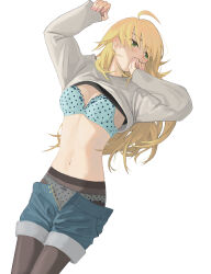 Rule 34 | 1girl, absurdres, ahoge, arm up, black pantyhose, blonde hair, blue bra, blue panties, blush, bra, breasts, cleavage, clenched hands, clothes lift, denim, denim shorts, earrings, epitaph (1122), frilled bra, frilled panties, frills, green eyes, grey shirt, hand up, highres, hoshii miki, idolmaster, idolmaster (classic), idolmaster million live!, idolmaster million live! theater days, jewelry, large breasts, long hair, long sleeves, looking at another, lying, midriff, nail polish, navel, on back, panties, panties under pantyhose, pantyhose, pink nails, polka dot, polka dot bra, polka dot panties, shirt, shirt lift, shorts, simple background, sleeves past wrists, solo, underwear, undressing, unzipped, white background, zipper, zipper pull tab