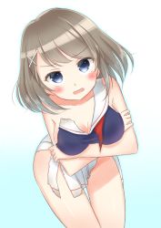 Rule 34 | 1girl, arms under breasts, bare arms, bare shoulders, blue background, blue eyes, blue outline, blue shirt, blush, breast hold, breasts, brown hair, cleavage, collarbone, dutch angle, gradient background, hair ornament, hairclip, kantai collection, large breasts, leaning forward, long hair, looking at viewer, masuishi kinoto, maya (kancolle), neckerchief, open mouth, outline, pleated skirt, red neckwear, sailor collar, school uniform, serafuku, shirt, skirt, solo, tears, torn clothes, torn neckerchief, torn shirt, torn skirt, white background, white sailor collar, white skirt, x hair ornament