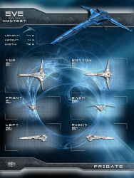 Rule 34 | 3d, blue theme, commentary, concept art, copyright name, eve online, frigate (eve online), from above, from behind, from below, from side, highres, logo, military, military vehicle, mystic-galaxy, no humans, original, radio antenna, science fiction, spacecraft, thrusters, vehicle focus