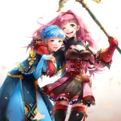 Rule 34 | 2girls, arm around shoulder, axe, backlighting, blood, blue hair, blush, braid, breasts, cleavage cutout, clothing cutout, crown braid, cuts, detached sleeves, earrings, fire emblem, fire emblem: three houses, gloves, grey eyes, hand on another&#039;s hip, happy, highres, hilda valentine goneril, hoop earrings, injury, jewelry, large breasts, leaning forward, long hair, looking at viewer, marianne von edmund, multiple girls, nintendo, one eye closed, open mouth, pink eyes, pink hair, puffy detached sleeves, puffy sleeves, shiroi (shiroicbe), signature, skirt, thighhighs, torn clothes, torn skirt, wind