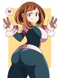Rule 34 | 1girl, absurdres, abysswatchers, ass, belt, bodysuit, boku no hero academia, border, breasts, brown eyes, brown hair, closed mouth, cowboy shot, double v, from behind, heart, highres, large breasts, long sleeves, looking at viewer, looking back, matching hair/eyes, medium hair, simple background, smile, solo, spoken heart, standing, uraraka ochako, v, white border, yellow background