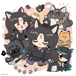 Rule 34 | 1boy, 2girls, animal, animal ears, arknights, arm up, armor, beads, belt buckle, black hair, blue horns, blush stickers, bowl, buckle, cat, chibi, chopsticks, closed eyes, closed mouth, commentary request, doctor (arknights), dog ears, dog girl, dog tail, dragon girl, dragon horns, drooling, dusk (arknights), fingerless gloves, geta, gloves, hair over one eye, heart, holding, holding chopsticks, holding weapon, hood, hood down, horns, japanese clothes, kimono, kyou 039, long hair, long sleeves, multiple girls, multiple views, naginata, necktie, notice lines, open mouth, phone, pointy ears, polearm, prayer beads, praying, rainbow, red eyes, red necktie, rice, rice bowl, saga (arknights), saliva, speech bubble, star (symbol), sweatdrop, tabi, tail, teeth, uwu, weapon, white background, wrist guards, yellow eyes