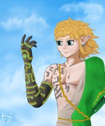 Rule 34 | 1boy, archaic set (zelda), artist name, bare pectorals, blonde hair, blue eyes, blue sky, cloud, cloudy sky, earrings, glowing, highres, jewelry, link, long hair, messy hair, nintendo, pectorals, pointy ears, richart, rope belt, self-upload, single bare shoulder, sky, tattoo, the legend of zelda, the legend of zelda: breath of the wild, the legend of zelda: tears of the kingdom, torn clothes