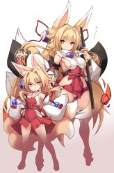 Rule 34 | 2girls, animal ears, blonde hair, breasts, detached sleeves, dual persona, closed eyes, fox ears, fox tail, full body, hands on own hips, highres, holding, holding sword, holding weapon, izuna (shinrabanshou), karukan (monjya), katana, long hair, looking at viewer, medium breasts, multiple girls, multiple tails, red eyes, shinrabanshou, sideboob, simple background, smile, standing, sword, tail, thick eyebrows, thighhighs, weapon, white background, white legwear, wide sleeves, aged down