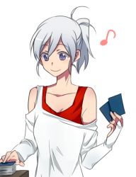 Rule 34 | 00s, 1girl, 6 (yuchae), bare shoulders, bridal gauntlets, card, casual, melty blood, musical note, ponytail, purple eyes, riesbyfe stridberg, smile, solo, tsukihime, white hair