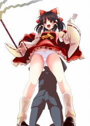 Rule 34 | 1girl, :d, amisu, ascot, blush, bow, brown eyes, brown hair, bulge, detached sleeves, erection, erection under clothes, forbidden scrollery, from below, gohei, hair bow, hakurei reimu, long sleeves, looking at viewer, open mouth, panties, pantyshot, simple background, smile, standing, stick, time stop, touhou, underwear, white background