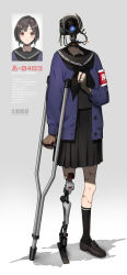 Rule 34 | 1girl, android, armband, blazer, breasts, brown hair, cable, cardigan, choker, clenched hand, clothed robot, collarbone, crutch, dress, english text, full body, gloves, hair ornament, holding, jacket, kneehighs, long sleeves, looking at viewer, mechanical parts, original, pleated skirt, prosthesis, prosthetic leg, robot, school uniform, security camera, serafuku, short hair, simple background, skirt, socks, solo, standing, tagme, translation request, uniform, white background, wire, zenmaibook
