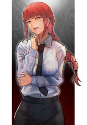 Rule 34 | 1girl, :d, black necktie, black pants, braid, braided ponytail, breasts, chainsaw man, collared shirt, commentary request, commission, highres, long hair, long sleeves, looking at viewer, makima (chainsaw man), medium breasts, necktie, open mouth, pants, r123, red hair, ringed eyes, shirt, sidelocks, skeb commission, smile, solo, standing, white shirt, yellow eyes