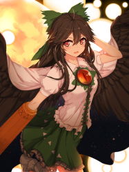 Rule 34 | 1girl, absurdres, ahoge, arm cannon, arm up, black hair, black wings, blush, bow, breasts, cape, chinese commentary, commentary request, cowboy shot, danmaku, feathered wings, green bow, green skirt, hair between eyes, hair bow, hand in own hair, highres, long hair, looking at viewer, miniskirt, open mouth, petticoat, puffy short sleeves, puffy sleeves, red eyes, reiuji utsuho, shirt, short sleeves, sidelocks, skirt, small breasts, solo, sugar sound, touhou, weapon, white cape, white shirt, wings