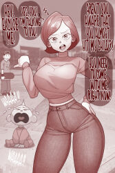 Rule 34 | 1girl, 2boys, baby, backwards hat, baseball cap, breasts, crying, denim, ekz (robotekz), english text, hand on own hip, hat, helen parr, highres, holding, holding skateboard, jack-jack parr, jeans, large breasts, long sleeves, monochrome, multiple boys, open mouth, pants, pointing, pointy hair, red theme, shirt, short hair, skateboard, speech bubble, the incredibles, turtleneck, wristband