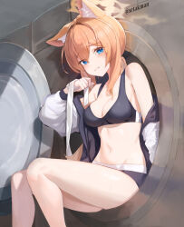 Rule 34 | 1girl, absurdres, animal ears, black sports bra, blue archive, blue eyes, blush, breasts, cleavage, closed mouth, halo, highres, jacket, large breasts, long hair, long sleeves, mari (blue archive), mari (track) (blue archive), navel, official alternate costume, orange hair, setakman, solo, sports bra, track jacket, twitter username, washing machine, yellow halo