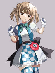 Rule 34 | 1girl, absurdres, alice (alice in wonderland), alice (alice in wonderland) (cosplay), alice in wonderland, alternate costume, blue thighhighs, bow, bowtie, brown background, brown eyes, checkered thighhighs, cosplay, double bun, dress, enemy lifebuoy (kancolle), gloves, gradient background, green bow, green bowtie, hair bun, highres, kantai collection, light brown hair, looking at viewer, michishio (kancolle), official alternate costume, panda sasasa, pocket watch, puffy short sleeves, puffy sleeves, short hair, short sleeves, short twintails, smile, thighhighs, twintails, watch, white gloves