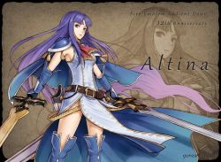 Rule 34 | 1girl, alondite, altina (fire emblem), anniversary, armor, armpits, blue eyes, blue footwear, blue hair, boots, capelet, character name, copyright name, dress, dual wielding, fighting stance, fire emblem, fire emblem: radiant dawn, gauntlets, gonzarez, highres, holding, holding sword, holding weapon, huge weapon, long hair, looking to the side, nintendo, pelvic curtain, ragnell, scarf, serious, sheath, shoulder armor, side slit, sleeveless, sleeveless dress, sword, thigh boots, thighhighs, thighs, turtleneck, twitter username, typo, very long hair, weapon, zettai ryouiki