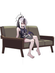 Rule 34 | 1girl, animal, animal on lap, barefoot, blue archive, cat, cat on lap, couch, grey halo, halo, highres, horns, kayoko (blue archive), legs, nose (oekaki1825), on couch, on lap, red eyes, simple background, sitting, solo, white background