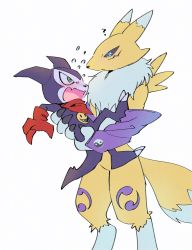 Rule 34 | absurdres, blush, body fur, digimon, digimon (creature), digimon tamers, embarrassed, fox, furry, furry female, highres, impmon, neck fur, renamon, scarf, simple background, white background, yin yang