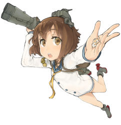 Rule 34 | 10s, 1girl, backpack, bag, binoculars, brown eyes, brown hair, cat, dress, hair ornament, headgear, kantai collection, long sleeves, open mouth, outstretched arm, pinero, sailor dress, school uniform, serafuku, shirt, short hair, simple background, solo, torpedo, white background, white shirt, yukikaze (kancolle)
