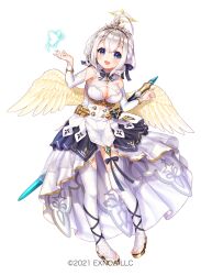 Rule 34 | 1girl, :d, ahoge, angel wings, angelic link, blush, breasts, bug, butterfly, character request, cleavage cutout, clothing cutout, commentary request, detached sleeves, full body, glowing butterfly, grey hair, halo, highres, insect, large breasts, long sleeves, official art, open mouth, pico (p i c o), purple eyes, short hair, simple background, smile, solo, tachi-e, thighhighs, tiara, weapon, weapon on back, white background, white thighhighs, wings, yellow wings