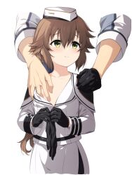 Rule 34 | 1boy, 1girl, black gloves, blue bow, blush, bow, brown hair, eiyuu densetsu, flat chest, gloves, green eyes, hair bow, hakuleg, hat, holding, holding clothes, holding gloves, jacket, nipples, no bra, sen no kiseki, sen no kiseki iii, sen no kiseki iv, simple background, smile, touching another&#039;s chest, towa herschel, white background, white headwear, white jacket