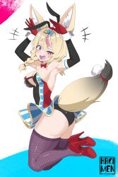 Rule 34 | adapted costume, animal ears, armpits, artist name, ass, bare shoulders, black panties, black thighhighs, blonde hair, blue background, braid, breasts, cleavage, corset, detached sleeves, fake animal ears, fishnet thighhighs, fishnets, from behind, full body, gloves, hakimen, heart, heart-shaped pupils, high heels, hololive, looking at viewer, looking back, medium breasts, medium hair, miniskirt, omaru polka, open mouth, panties, purple eyes, rabbit ears, rabbit pose, red gloves, skirt, smile, symbol-shaped pupils, tail, thick thighs, thighhighs, thighs, underwear, virtual youtuber, white background, wrist cuffs