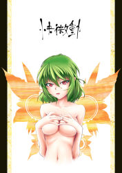 Rule 34 | 1girl, breasts squeezed together, breasts, collarbone, covering privates, covering breasts, female focus, green hair, kazami yuuka, lips, mokei, nude, parted lips, pillarboxed, red eyes, short hair, slit pupils, solo, touhou, upper body