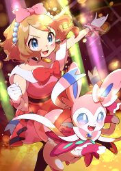 Rule 34 | 1girl, :d, absurdres, beads, black choker, blue eyes, blush, bow, choker, clenched hand, commentary request, creatures (company), dress, eyelashes, game freak, gen 6 pokemon, glint, gloves, hair bow, highres, light brown hair, nintendo, open mouth, pantyhose, pokemon, pokemon (anime), pokemon (creature), pokemon xy (anime), pon yui, serena (pokemon), shoes, short hair, smile, stage, stage lights, sylveon, tongue, v-shaped eyebrows, white gloves