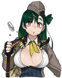 Rule 34 | anyan (jooho), breasts, g28 (girls&#039; frontline), garrison cap, girls&#039; frontline, green hair, hat, mole, mole on breast, open clothes, open shirt, popped button, red eyes, shirt, simple background, solo, wardrobe malfunction, white background