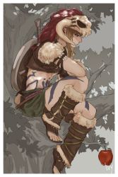 Rule 34 | 1boy, apple, bad id, bad pixiv id, barbarian set (zelda), blonde hair, boots, brown footwear, brown skirt, commentary request, food, foot up, forest, from side, fruit, fur-trimmed boots, fur trim, half-closed eyes, hat, highres, ivy (sena0119), jewelry, link, looking down, male focus, midriff, nature, nintendo, official alternate costume, pointy ears, red apple, red hat, sandals, shield, shield on back, short sleeves, shorts, sidelocks, sitting, skirt, skull on head, solo, tattoo, the legend of zelda, the legend of zelda: breath of the wild, tree, tribal, weapon, weapon on back