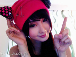 Rule 34 | 1girl, alodia gosiengfiao, cosplay, female focus, hat, long hair, lowres, photo (medium), smile, solo, upper body, white background