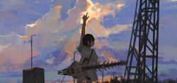Rule 34 | 1girl, amplifier, animal skull, arm up, bare arms, black hair, blue sky, cloud, commentary request, cowboy shot, dress, electric guitar, guitar, highres, index finger raised, instrument, lamppost, light rays, looking to the side, original, parted lips, profile, short hair, short sleeves, sky, smile, solo, sunbeam, sunlight, transmission tower, white dress, xilmo