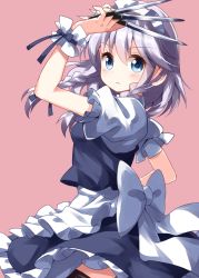 Rule 34 | 1girl, apron, arm up, between fingers, black thighhighs, blue eyes, blue ribbon, blue skirt, blue vest, blush, braid, breasts, commentary request, cowboy shot, frilled apron, frills, hair between eyes, hair ribbon, highres, holding, holding knife, holding weapon, izayoi sakuya, knife, knives between fingers, looking at viewer, maid, maid apron, maid headdress, medium breasts, petticoat, pink background, puffy short sleeves, puffy sleeves, ribbon, ruu (tksymkw), shirt, short hair, short sleeves, silver hair, simple background, skirt, solo, thighhighs, touhou, twin braids, vest, waist apron, weapon, white apron, white shirt, wrist cuffs, zettai ryouiki