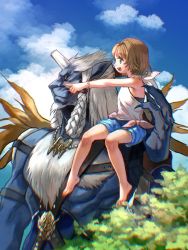 Rule 34 | 1boy, 1girl, aged down, arm guards, armor, bare shoulders, barefoot, bead bracelet, beads, beard, black undershirt, blue eyes, blue shorts, blue skin, blue skirt, bracelet, braid, brown hair, child, claws, cloud, colored skin, facial hair, final fantasy, final fantasy x, full body, highres, horns, jewelry, kimahri ronso, looking to the side, medium hair, nexeee, open mouth, outdoors, plant, pointing, shirt, shorts, shoulder armor, sidelocks, single horn, sitting on shoulder, skirt, smile, teeth, upper body, upper teeth only, white hair, white shirt, yellow eyes, yuna (ff10)