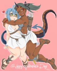 Rule 34 | 2girls, ancient greek clothes, armor, basilisk, blue hair, breast press, breastplate, breasts, chiton, crybringer, dagger, dark-skinned female, dark skin, dated, demon girl, demon mages, demon tail, dragon tail, freckles, glasses, greco-roman clothes, green eyes, green hair, happy valentine, heart, highres, horns, hug, knife, medium breasts, multiple girls, one eye closed, pink background, quiver, red eyes, sandals, semi-rimless eyewear, sheath, sheathed, single horn, tail, tess tesryon, thick eyebrows, toga, under-rim eyewear, weapon, yuri, ziggy kakziga
