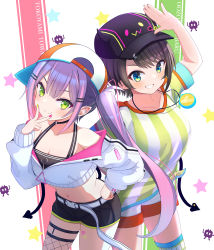 Rule 34 | 2girls, absurdres, backwards hat, banana de ikopon, bare shoulders, baseball cap, blush, breasts, brown hair, character name, choker, cleavage, closed mouth, collarbone, cowboy shot, crop top, cropped jacket, fishnet thighhighs, fishnets, from above, green eyes, grin, hand on own hip, hat, headwear switch, highres, hololive, large breasts, leaning forward, long hair, long sleeves, looking at viewer, loose clothes, loose shirt, medium breasts, midriff, multicolored nails, multiple girls, nail polish, navel, oozora subaru, oozora subaru (1st costume), oversized clothes, oversized shirt, pink nails, pointy ears, purple hair, romaji text, salute, shirt, short hair, short shorts, short sleeves, shorts, sidelocks, simple background, single thighhigh, smile, star (symbol), starry background, sticker, stopwatch, striped clothes, striped shirt, swept bangs, t-shirt, thighhighs, tied shirt, tokoyami towa, twintails, v over mouth, vertical-striped clothes, vertical-striped shirt, very long hair, virtual youtuber, watch, white shorts, wristband, yellow nails